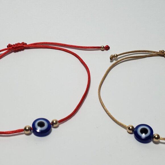 SET of 2 Bracelets 14K SOLID GOLD Beads Bracelet EVIL EYE Red String Kabbalah - Picture 4 of 4